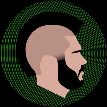 Logo for Mohawk Guy Games. Material design. Side profile of a mans head with a mohawk and beard. Green and black geometric background.